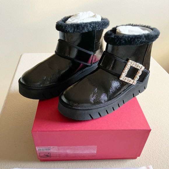 Roger Vivier Viv' Winter Fur Strass Buckle Black Patent Leather Ankle Boots EU41 - Picture 4 of 13